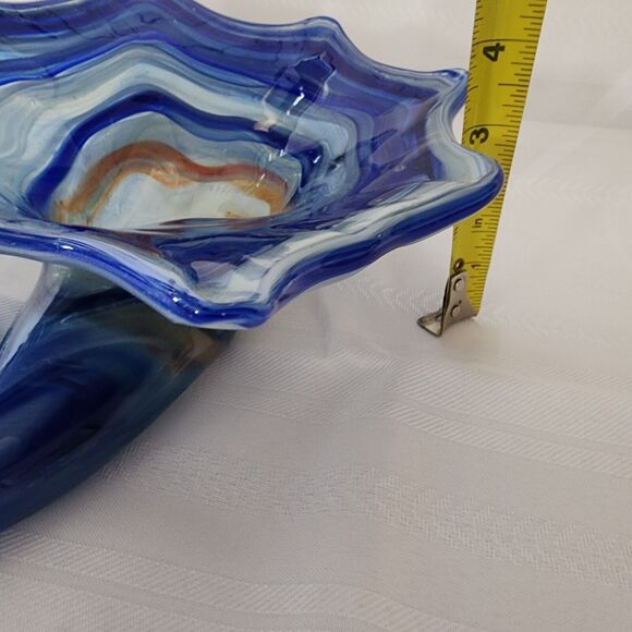 Sooner Bubble Art Glass Blue Free Form Cornucopia Candy Dish Hand Blown USA - Picture 14 of 14